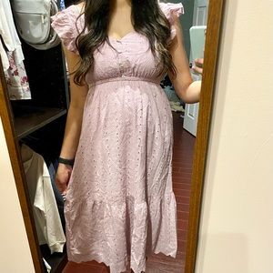 Lavender Eyelet Button Accent Maternity Midi Dress